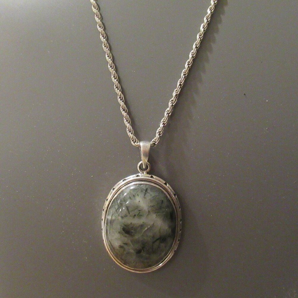 Sterling Silver Chain & Sterling and Gray Natural Stone Large Pendant Necklace